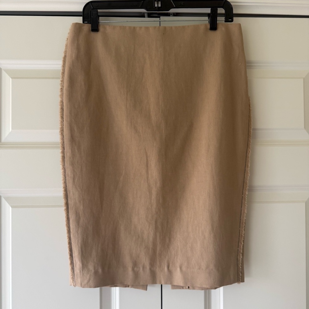 Brunello Cucinelli Linen Cotton Pencil Skirt w/ Monili Beaded Trim – Made in Ita